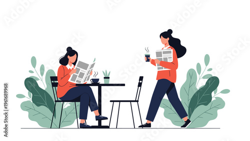 Two women spending time at a cafe with one sitting reading a newspaper and the other walking by with a cup of coffee and more news to share.