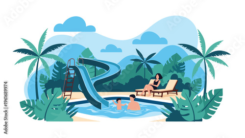 Happy family with a young child playing in a tropical water park pool with palm trees and a bright blue water slide in the hot summer sun.