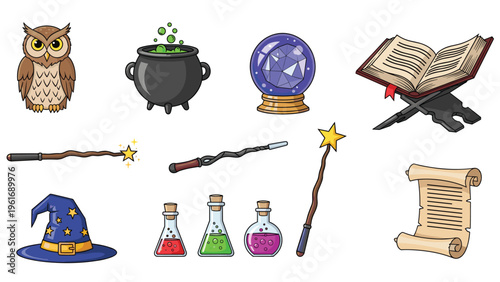Set of magical wizard equipment including an owl and crystal ball and potions and wands for a fantasy or halloween theme with various tools.