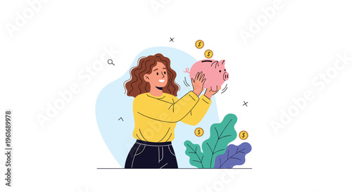 Happy young woman holding a pink piggy bank as golden coins fall into it symbolizing her savings and financial planning.