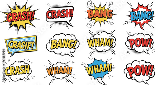 Comic Book Style Sound Effect Vector Set with Expressions like Crash, Bang, Wham, and Pow.