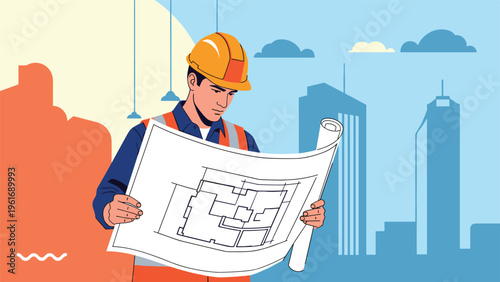 Male architect wearing a hard hat and safety vest studying a large building blueprint with a modern city skyline in the far distance behind.