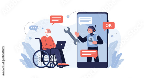 Elderly man in a wheelchair using a laptop while communicating with a virtual technician on a large smartphone screen.