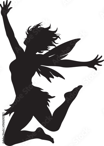 Silhouette of a Graceful Jumping Fairy with Delicate Wings
