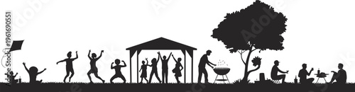 Park leisure silhouette illustration, outdoor community scene with children playing, kite flying, pavilion dancing, barbecue grilling, picnic gathering, festive lifestyle theme, vector art