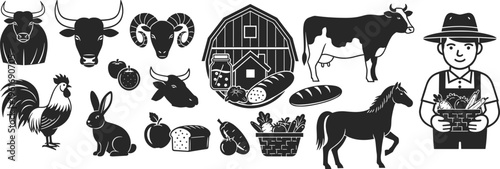 Farm life silhouette icon set, rural animals, farmer, barn and fresh food elements collection for agriculture, organic farming, countryside branding, black vector illustration