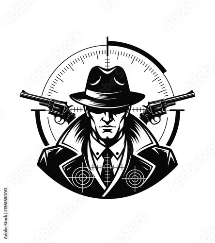 Vector of a man in a fedora and trench coat holding guns against a target scope.