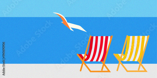 two colorful striped beach chairs on a sunny sandy shore with a seagull flying over the calm blue ocean