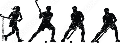 Field hockey player silhouettes showing attacking defending and ball control actions, male and female athletes in competitive team sport vector illustration set