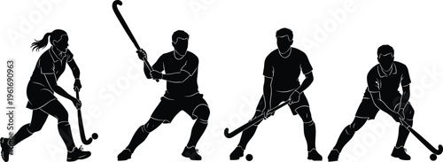 Field hockey players silhouettes in dynamic action poses, professional athletes with sticks and ball, competitive team sport vector illustration set