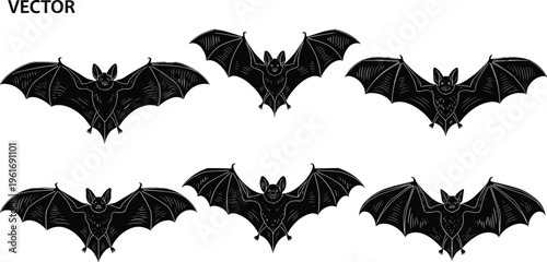 Flying bat silhouette collection in detailed black vector illustration, isolated on white background, spooky nocturnal animal design for halloween theme