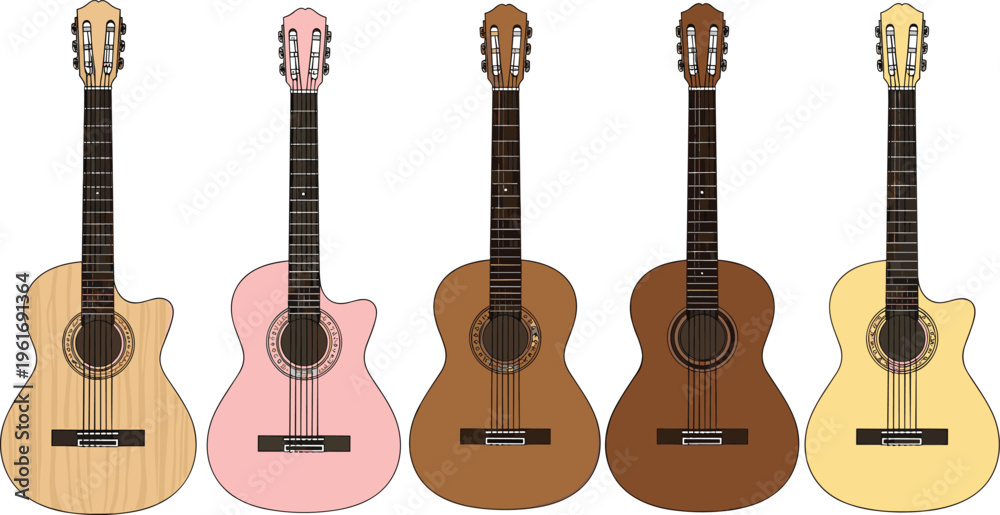 Naklejka premium Acoustic guitar collection in different colors and styles, detailed musical instrument vector illustration for music, performance, and entertainment design