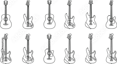 Line Drawing Guitar Icon Set Featuring Various Electric and Acoustic Guitar Neck Designs for Musical Illustrations.