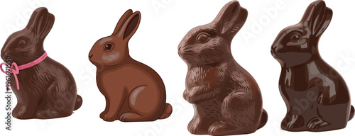 Chocolate Easter bunny set in different styles including cute ribbon bunny and realistic figures, sweet dessert themed vector illustration isolated for holiday design