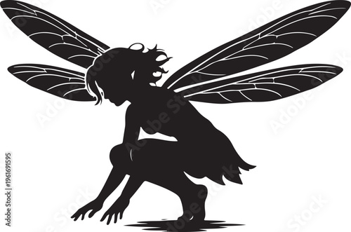 Crouching Fairy Silhouette Illustration with Dragon-like Wings