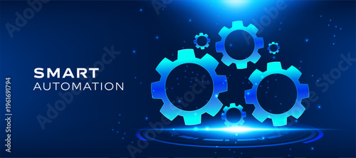 Smart automation technology concept with glowing gears and digital platform on dark blue background.
Futuristic workflow system, AI process integration, business technology vector illustration.