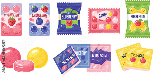 Colorful Candy Pack and Sweets Set with Fruit Flavors, Packaging, and Candy Icons for Confectionery, Branding, and Snack Design