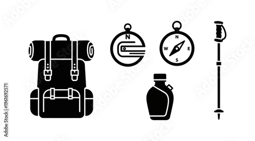 Essential outdoor adventure gear icon set for hiking, trekking, and exploration, featuring a backpack, compass, water bottle, and walking stick silhouettes, ideal for outdoor enthusiasts