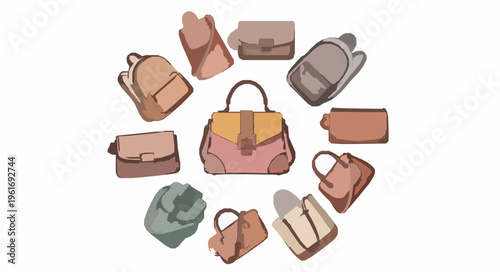 Modern watercolor women fashion bags wreath collection with stylish handbags backpacks and pouches in earthy colors isolated on white