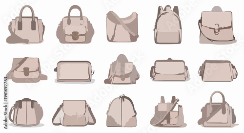 Elegant watercolor women bags collection in grid layout featuring handbags backpacks and pouches for fashion design isolated on white