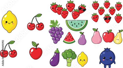 Cute kawaii fruits and vegetables collection with smiling characters including strawberries, lemon, broccoli, eggplant, and more, colorful cartoon vector set for kids design