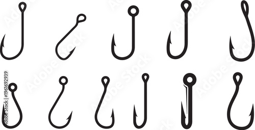 Fishing hooks in various orientations on white background