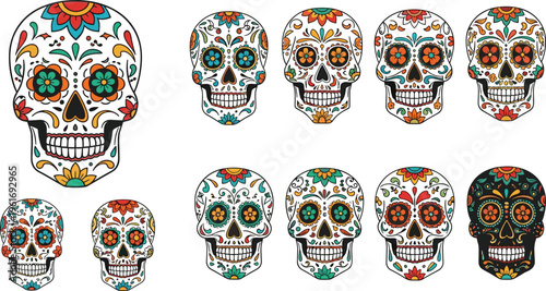 Day of the Dead sugar skull collection with colorful floral patterns, decorative Mexican calavera vector illustration set for Dia de los Muertos celebration design