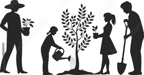 Gardening teamwork silhouette illustration, four people planting, watering, and nurturing tree with potted plants, shovel, environmental care sustainability theme, vector art