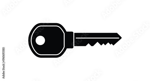 Simple black silhouette of a classic metal key on a white background