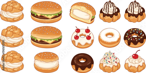 Dessert and fast food collection with burgers, donuts, cream puffs, and pastries, detailed vector illustration for bakery menu, cafe design, and sweet treats