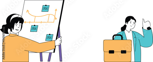 Two professionals discussing a presentation with graphs and a briefcase shown for business success and collaboration