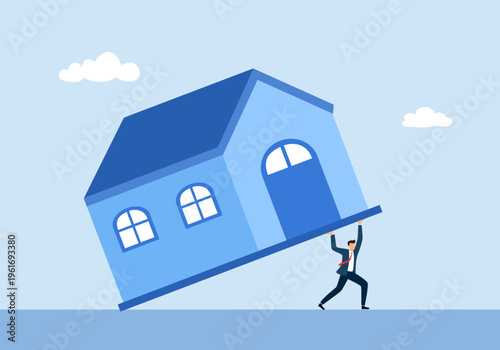 Businessman carrying a heavy house, symbolizing mortgage burden, financial pressure, debt responsibility, and housing costs