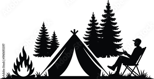 Camping scene silhouette illustration, tent with campfire, pine forest background, person relaxing in chair, outdoor leisure nature theme, vector art, black isolated bold design
