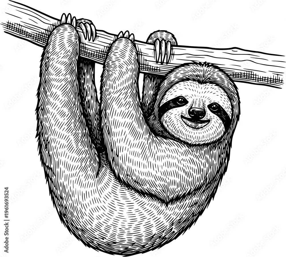 Obraz premium Sloth Hanging on Tree Branch Line Art Illustration, Cute Animal Engraving Style