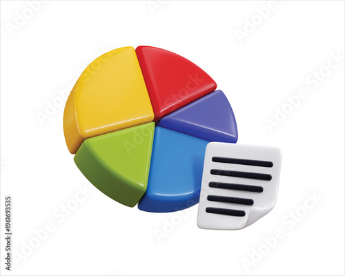 Pie Chart with document icon 3d render concept of pie chart with business data information, graph paper icon vector illustration