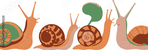 Group of stylized snails with colorful shells in a line, one speaking in a speech bubble