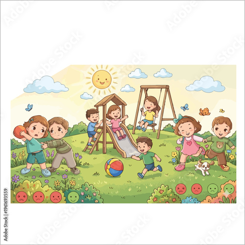 playing in a colorful park playground with swings and slides, educational vector illustration for kids behavior and emotions.int