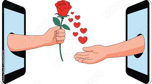 Hands exchange a red rose and hearts through smartphone screens, symbolizing online romance, love, and digital relationships
