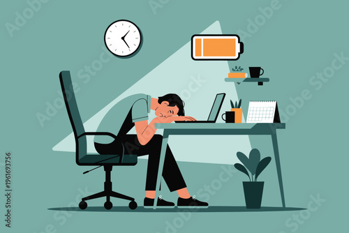 Tired person slumped over a laptop at a desk with a low battery icon, representing burnout, exhaustion, and work fatigue, mental health
