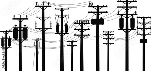 Utility pole silhouette illustration, electrical infrastructure with transformers, insulators, crossarms, and power lines, engineering distribution system theme, vector art, black isolated bold design