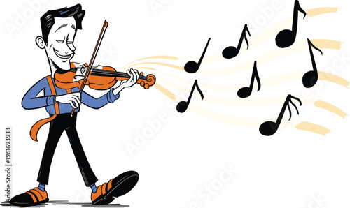 Cartoon man playing violin with musical notes flying out, joyous music performance