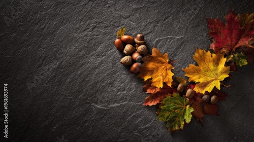 acorns. Autumn arrangement of maple leaves and acorns in a corner pattern on a dark textured surface, warm seasonal still life. representing seasonal cycles and harvest abundance.

