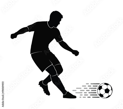 Dynamic vector of a soccer player actively kicking a fast-moving soccer ball during a match.