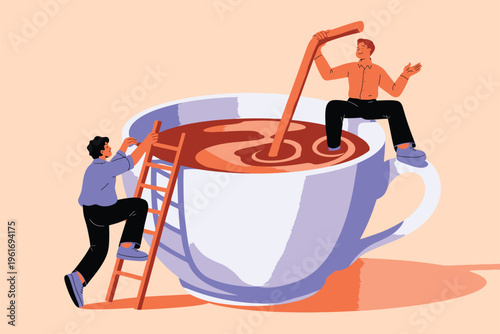 Tiny people with ladder in giant coffee cup, enjoying large beverage
