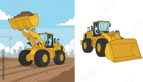 Front end loader and wheel loader with bucket full of earth, heavy construction machinery illustration.