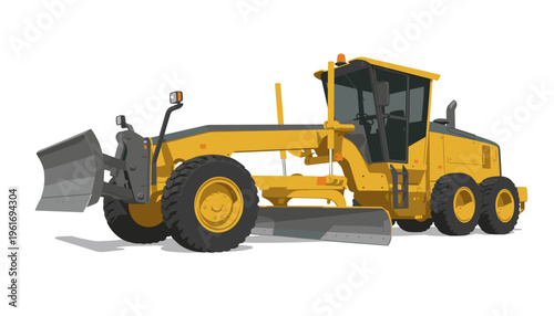 Modern motor grader for road construction and leveling, heavy equipment vector illustration.