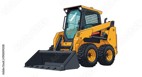 Yellow skid-steer loader, compact construction machinery for various jobs, isolated vector illustration.