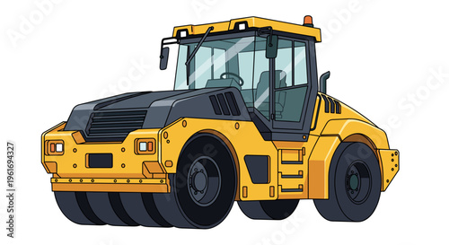 Heavy duty road roller, vibratory compactor for asphalt and soil, isolated vector illustration.