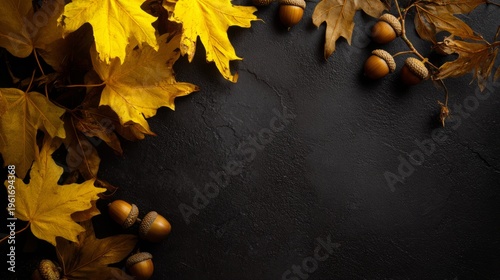 acorns. Autumn arrangement of maple leaves and acorns in a corner pattern on a dark textured surface, warm seasonal still life. representing seasonal cycles and harvest abundance.
