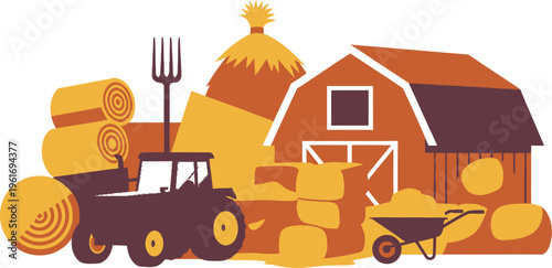 Farm scene with tractor, barn, hay bales, and wheelbarrow, illustrating rural life and agriculture, food production